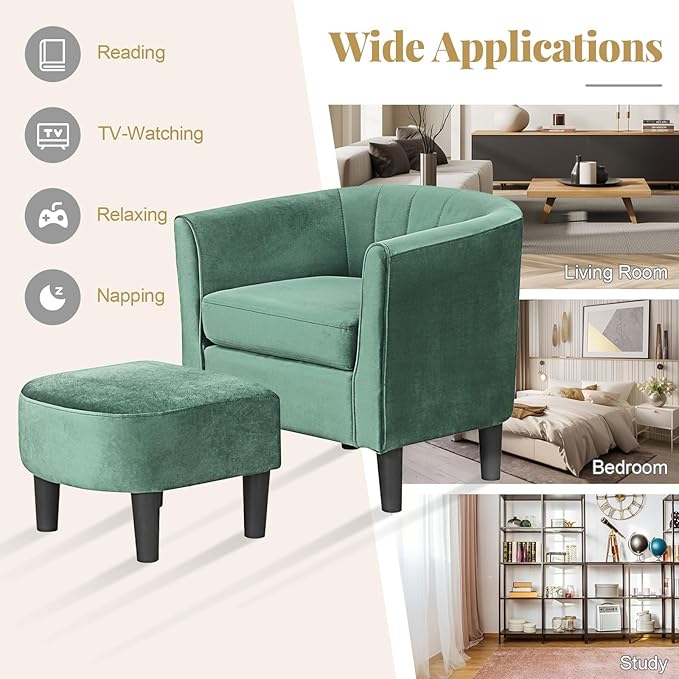 GOFLAME Accent Chair with Ottoman, Modern Velvet Fabric Barrel Chair with Footrest, Curved Backrest, Removable Seat Cushion, Upholstered Club Tub Sofa, Reading Armchair for Living Room, Bedroom, Green