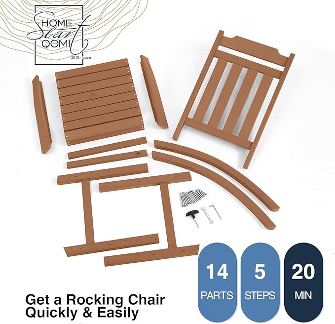 hOmeQomi Rocking Chair, All Weather Resistant Poly Lumber Outdoor Porch Rocker, Rocking Chairs for Outdoor, Indoor, Patio, Deck, Garden, Backyard, Load Bearing 380 lbs - Teak