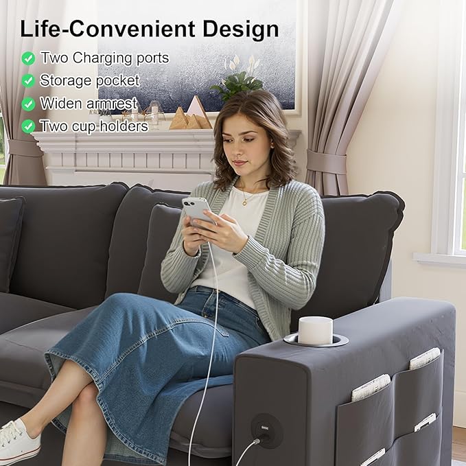 KCGKCG 80.7" Modular Sectional Sofa, L Shaped Cloud Couch with Movable Ottoman, Chenille Deep Seat Cloud Sofa with Charging Station, Cup Holder, Side Pocket, Sectional Couches for Living Room, Grey