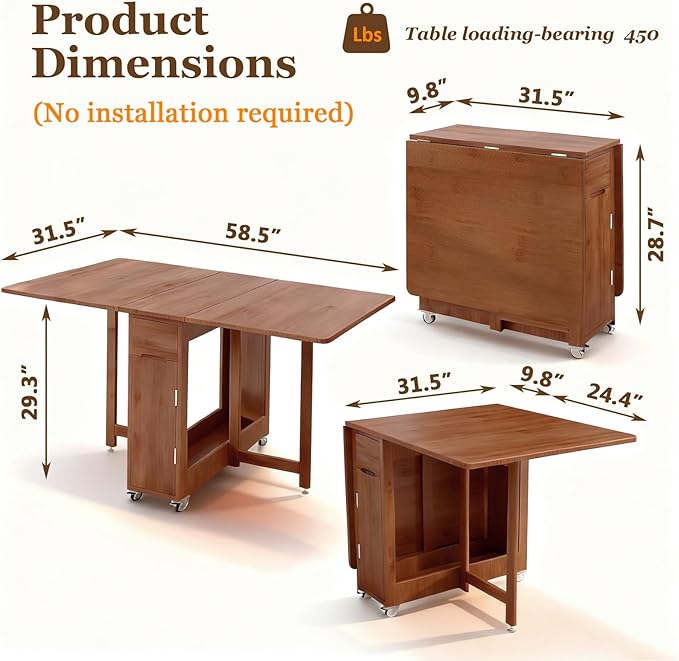 Folding Drop Leaf Dining Table with 2 Storage Space and 4 Lockable Wheels, Convertible Dining Table cart for Small Spaces Dining Room. (Brown)