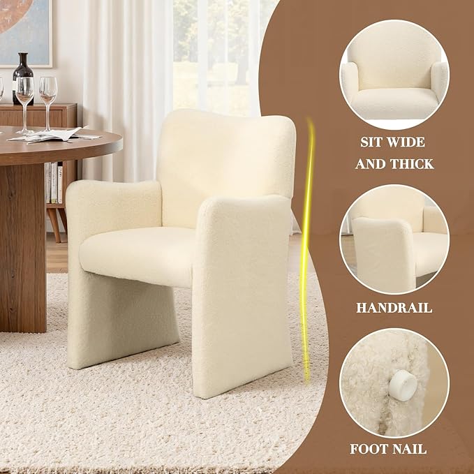 CIMOTA Boucle Dining Chairs Set of 4, Sherpa Upholstered Accent Chairs with Arms/Wood Legs, Comfortable Kitchen Chairs for Living/Reception/Dining Room, Beige