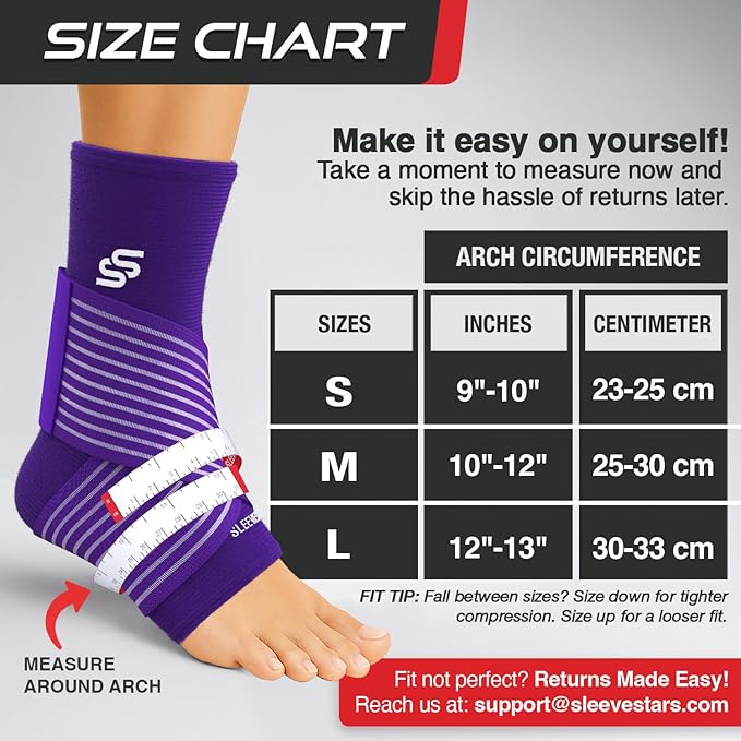 Sleeve Stars Ankle Brace for Women & Men, Ankle Wrap for Sprained Ankle, Compression Sleeve for Plantar Fasciitis Relief, Easy Customizable Support: w/Removable Strap (Pair/M:10"-12"/Dark Purple)