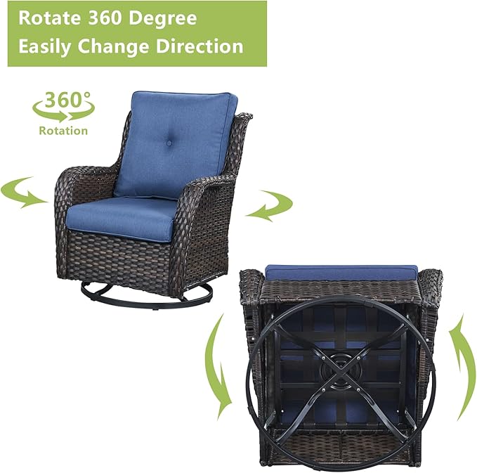 Rilyson Wicker Patio Furniture Set - 6 Piece Rattan Outdoor Sectional Conversation Sets with 2 Swivel Rocking Chairs,2 Ottomans,1 Sofa and 1 Coffee Table for Porch Deck Garden(Brown/Blue)