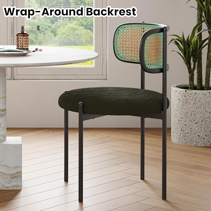 Farini Modern Upholstered Dining Chairs Set of 2,Rattan Back Dining Room Chairs,Accent Kitchen Chairs with Metal Legs,Green
