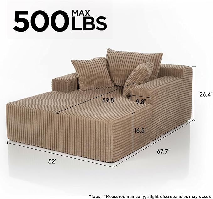 Sytopia Chaise Lounge with Armrests, Oversized Sofa Bed with 3 Pillows, Cozy Boneless Couch, Sleeper Reading Chair for Living Room Bedroom, Floor Sofa Corduroy, Furniture Sala, Cashmere Beige