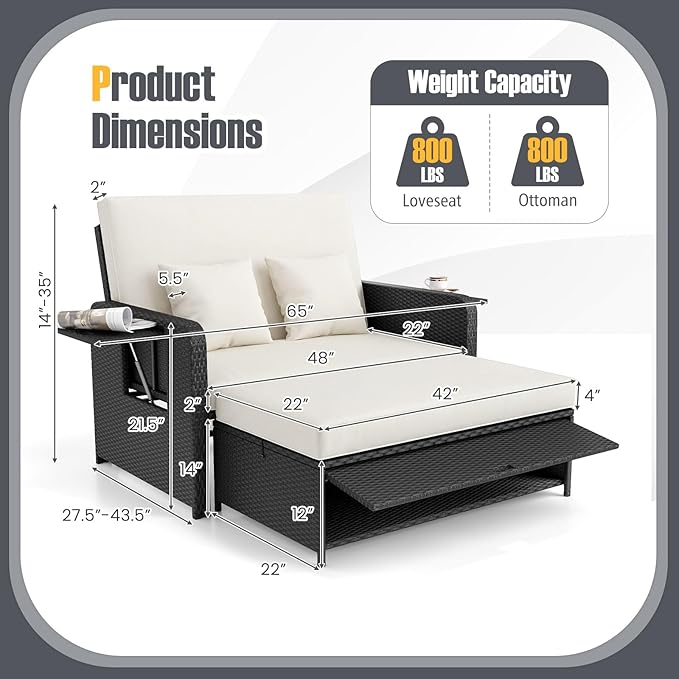RELAX4LIFE Wicker Patio Outdoor Daybed - Rattan Day Bed Lounger w/Loveseat & Storage Ottoman, Sunbed Sofa Set w/Cushions, 4-Level Adjustable Backrest & 2 Retractable Trays, Patio Daybed (White-Black)