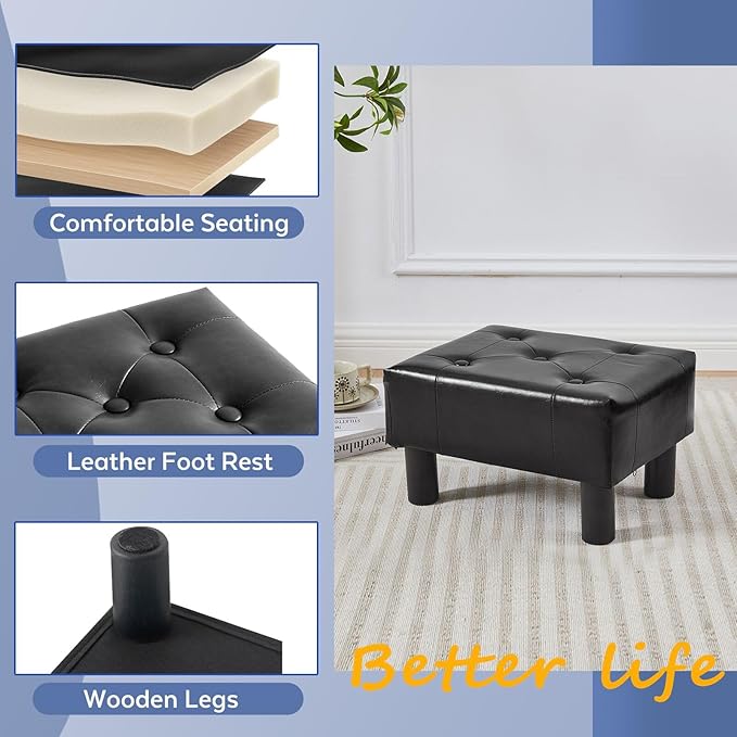 FIMIVIBI Small Foot Stool Ottoman, Faux Leather Footstool Ottoman Foot Rest for Couch, Rectangle Footstools and Ottomans Small for Living Room, Entryway and Bedroom (Black)