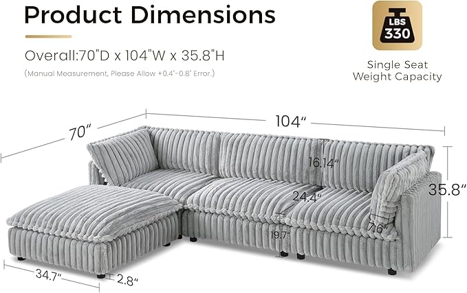 KKL Modular Sectional Couch for Living Room, L Shaped Corduroy Couches with 1 Ottomans, 4 Seater Oversized Sofa, Soft Fabric Modern Sofa, Grey