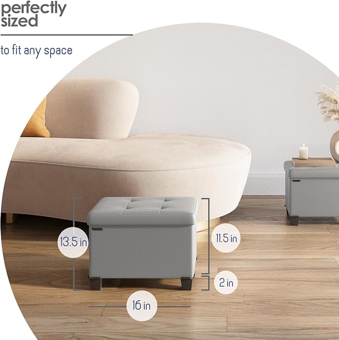 Storage Ottoman Cube with Small Bin, 16-in Square Ottoman with Storage for Living Room and Bedroom, Small Ottomans Foot Rest, Faux Leather Foot Stools Ottomans Max 330lbs, Light Grey