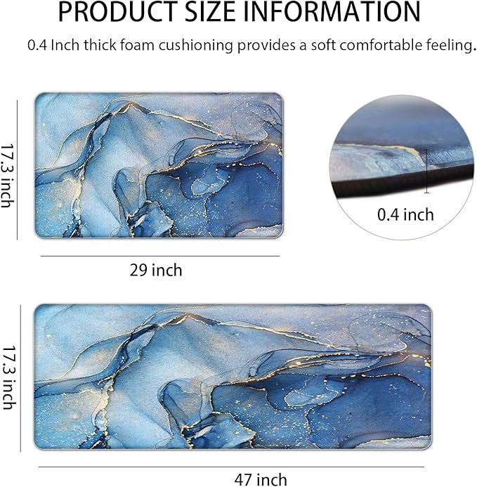 Blue Kitchen Rugs Set of 2 Kitchen Mats Cushioned Anti Fatigue Abstract Gold Marble Kitchen Mat Waterproof Non Slip Comfort Memory Foam Standing Mat for Kitchen Floor