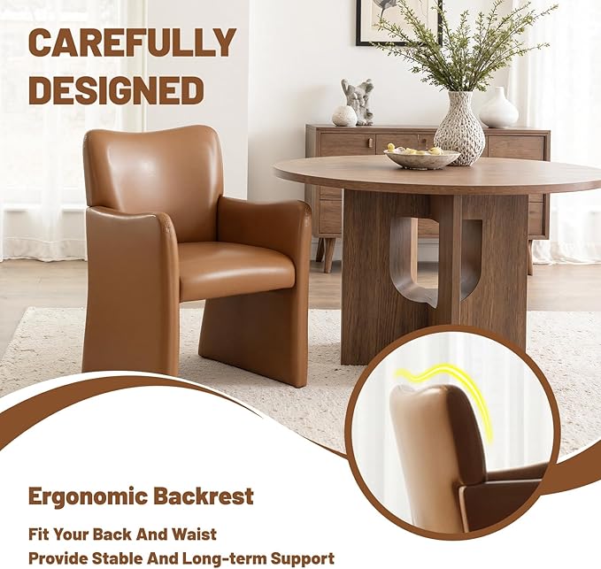 CIMOTA Brown Faux Leather Dining Chairs Set of 2, Upholstered Accent Chairs with Arms/Wood Legs, Comfortable Kitchen Chairs for Living/Reception/Dining Room