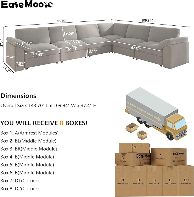 EASE MOOSE Oversized Sectional Modular Sofa,Large L Sectional Couch Wide Deep Seat Modular Cloud Couch,Removable Cover