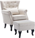 DM Furniture Accent Chair with Ottoman Modern Button Tufted Armchair Wingback Club Chair Linen Fabric Single Sofa Lounge Chair with Pillow for Living Room Bedroom, Beige