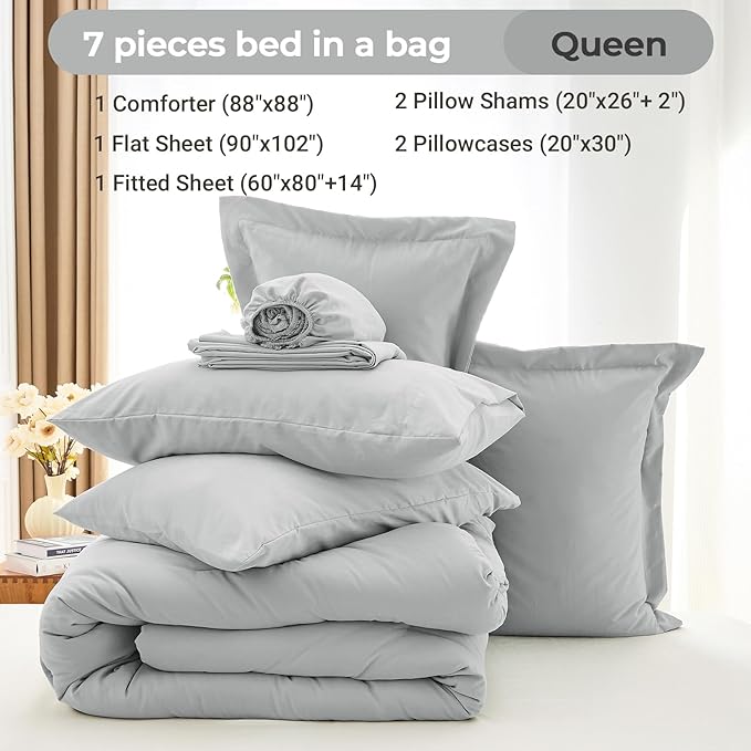 MUXHOMO 7 Pieces Queen Comforter Set, Soft Bed in a Bag Queen Size, All Season Bedding Set with Comforter, Flat Sheet, Fitted Sheet, Pillowcases & Shams, Light Grey
