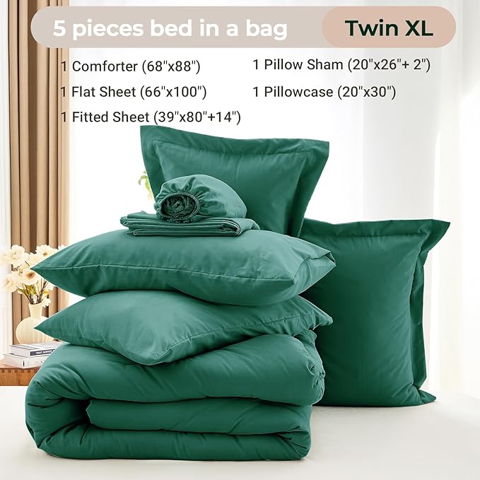 MUXHOMO 5 Pieces Twin XL Comforter Set, Soft Bed in a Bag Twin XL Size, All Season Bedding Set with Comforter, Flat Sheet, Fitted Sheet, Pillowcases & Shams, Emerald Green