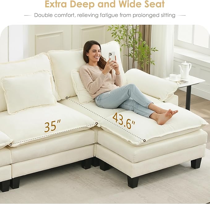 URRED Cloud Couch Modular Sectional Sofa, 122" Modern U Shaped Deep Seat Sofa with 2 Ottomans & Pillows, Ultra Comfy Chenille Couches for Living Room, Bedroom or Apartment, White | Chenille Fabric, Skin Friendly, Breathable, Ergonomic Design, Flexible ...
