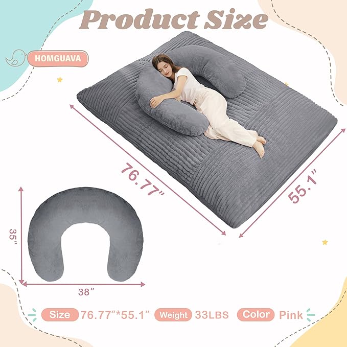 Homguava Giant Bean Bag Chair for Adults with Pillow, 4 in 1 Convertible Floor Cushion for Adluts, Memory Foamed Bean Bag Lounger with Washable Cover for Living Room, Bedroom