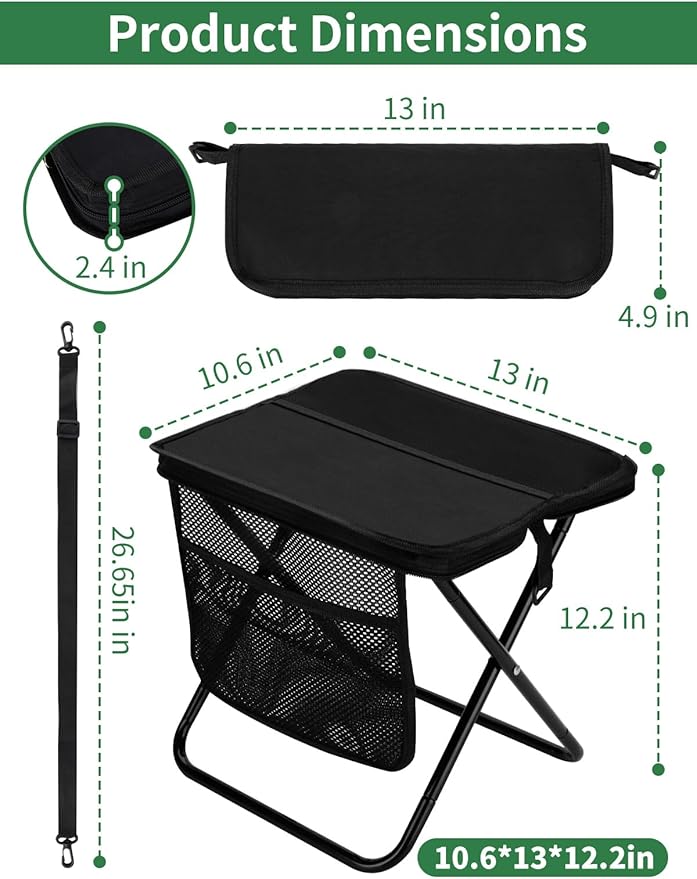 Zuplo Portable Stool for Adults, 240lb Load Foldable Backpack Stool, 13 Inch Camping Pocket Chair with 2 Storage Pockets, Outdoor Seat for Hiking, Fishing & Travel (Black)