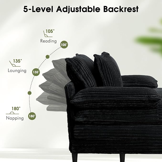 54.8" W Oversized Chaise Lounge Chair Indoor with 5-Position Adjustable Backrest, Corduroy Sleeper Sofa Bed with 3 Pillows, Modern Cloud Couch Chair for Living Room, Bedroom, Black