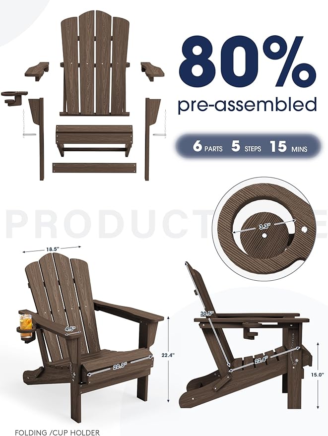 KINGYES Folding Adirondack Chair Set of 8, HDPE All-Weather Folding Adirondack Chair, Coffee