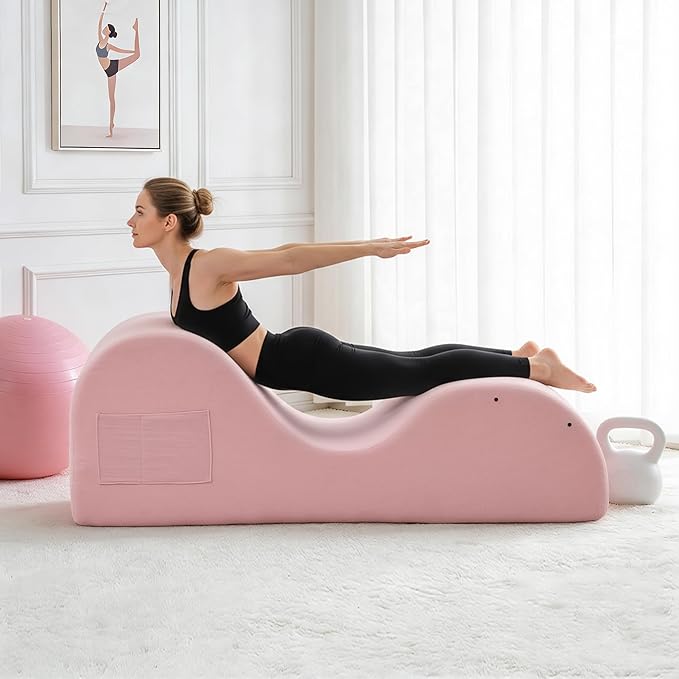DRMBOOK Yoga Chairs for Adults, Corduroy Fabric Chaise Lounge with Headrest, Boneless Yoga Sofa Couch with Waist Cushion, Movable Footrest, Side Pockets for Relaxation Exercise Stretching (Pink)