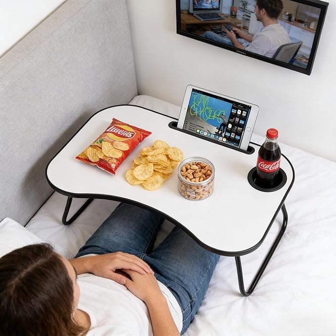 Laptop Bed Desk, Foldable Wooden Lap Desk with Cup Holder & Tablet Slot, Portable Lap Table & Bed Tray Table for Eating & Lap Desk Food Tray & Working on Couch, Sofa & Bed, 23.8 x 15.8 in