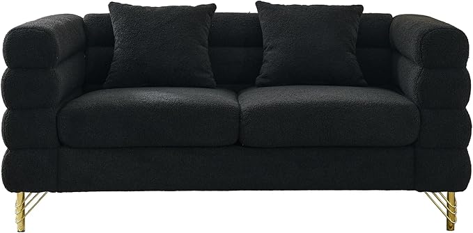 mikibama Modern Teddy Loveseat Sofa, 60 Inch Sectional Sofa Couch, Luxury 2 Seater Deep Couch with 2 Pillows and Gold Metal Legs for Living Room, Bedroom, Apartment (Black)