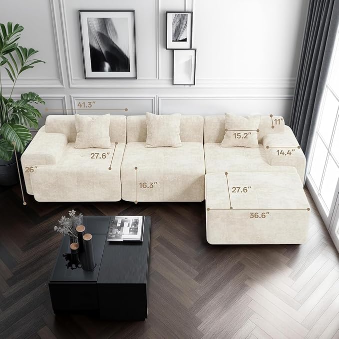 119’’ Modular Compression Sofa, L-Shaped Cloud Sectional Couch with Chaise & Deep Seating, Modern Upholstered Living Room Couch with Removable Pillows, Easy Expand Design, Beige Chenille Fabric