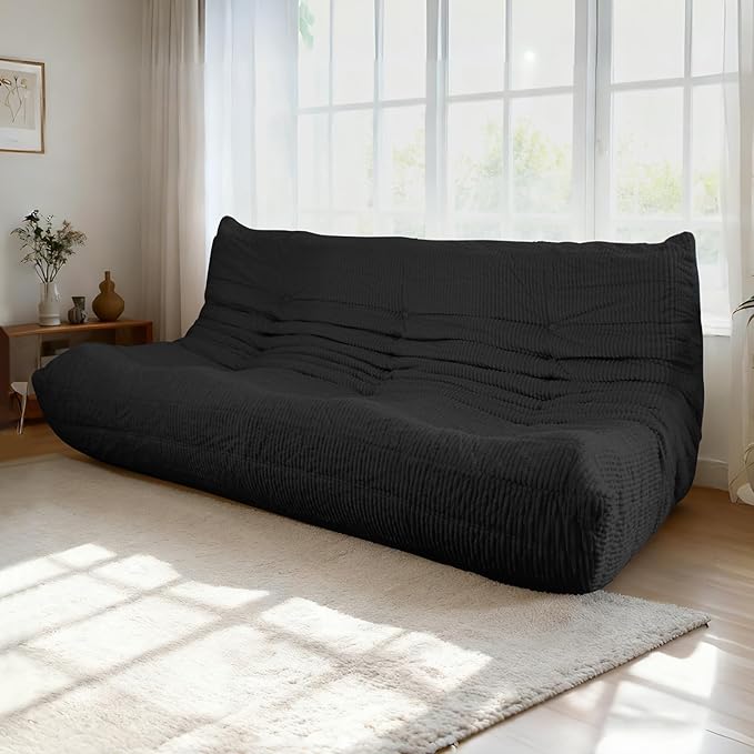 Fireside Loveseat Mid-Century Armless Sofa — Twin-Size Floor Lounger in Soft Premium Corduroy, Foam-Filled Accent Chair for Living Room or Bedroom (Black, Three Seater)