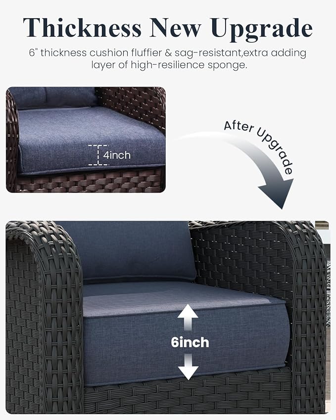 LayinSun 7 Piece Wicker Outdoor Furniture Set with 6-inch Comfy Cushions, High Back Patio Furniture Set with Swivel Rocking Chairs and Side Table