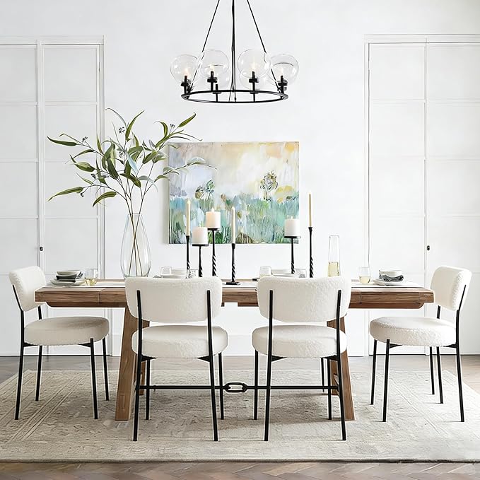 Stabrech White Boucle Dining Chairs Set of 4, Upholstered Dinner Chair with Metal Frame, Dining Room Chairs with Padded Seat, Round Modern Seating for Living Room