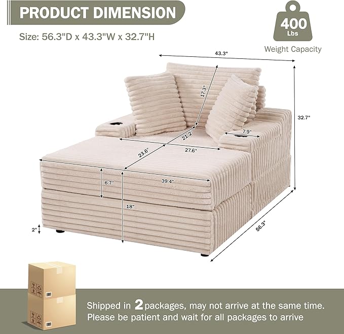 GarveeHome Oversized Chaise Lounge Chair Indoor with Storage Ottoman, Upholstered Corduroy Sofa Bed Cloud Couch with 3 Pillows, Single Sleeper Sofa, Reading Gaming Chair for Living Room, Bedroom