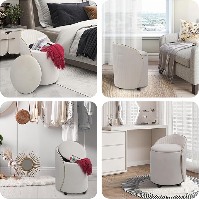 Round Storage Ottoman, Upholstered Velvet Vanity Stool with Lumbar Support, Swivel Rolling Wheels, Small Foot Stools Coffee Table Padded Seat for Makeup Room, Living Room, Bedroom Beige