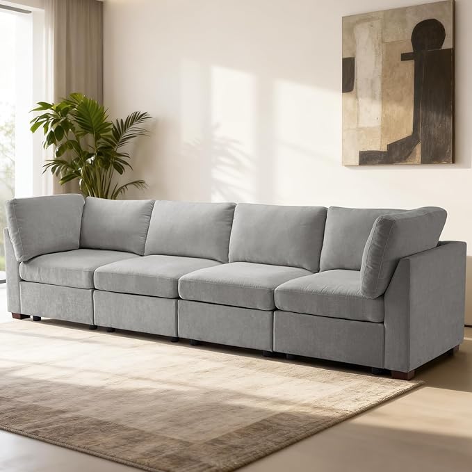 EDILLY 122 inches Oversized Modular Sectional Fabric Cloud Sofa Set, Extra Large L Shaped Couch Reversible Chaise Couch,4 Seat Modular Sofa, Light Grey