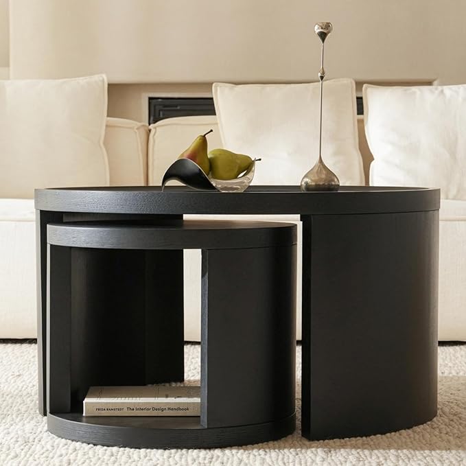 FAME HOME Round Nesting Coffee Table Set of 2,31.5" Large & 18" Small Low Tables with Wood Look Top,Space-Saving Side Tables for Living Room,Bedroom,Office,Minimalist Center Table Set (Black, L+S)