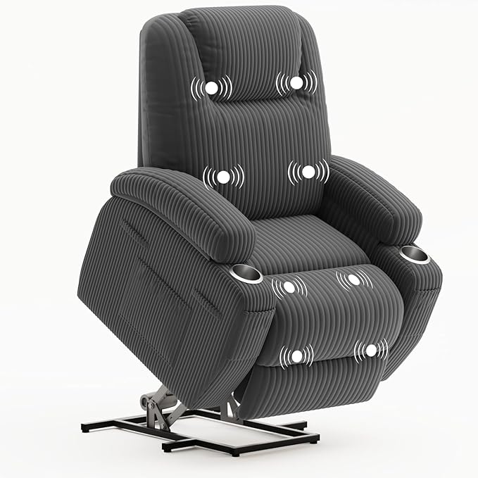 Flamaker Power Lift Chair Massage Recliner Chairs for Elderly, Corduroy Ergonomic Design with Cup Holders & Side Pockets, Remote Control (Dark Gray)