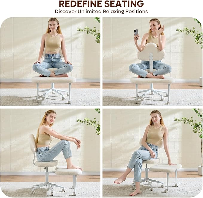 Pinmoco Cross Legged Office Chair with Wheels, Meditation Chair, ADHD Chair for Adults, Wider Height Adjustable Backrest and Seat, Yoga Office Chair, Teddy Fabric, Off White
