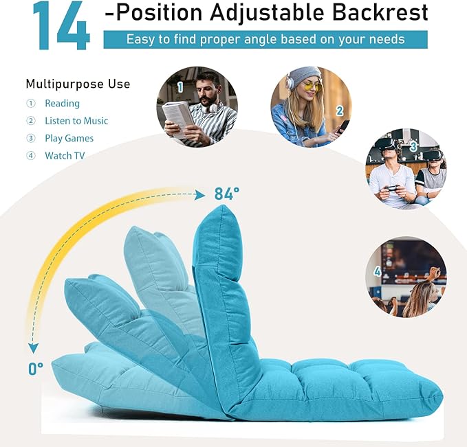 COSTWAY Peacock Blue Folding Gaming Chair, Adjustable 14-Position Floor Sofa with Back Support, Alloy Steel Frame, Lazy Sofa Lounge for Playing, Reading, Meditating, Recliner for Adults, Kids