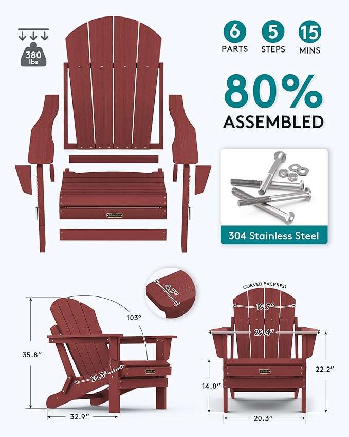 SERWALL Foldable Adirondack Chair Set of 2 for Patio Garden Outdoors Fire Pit Chairs- Red