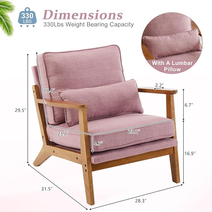 VINGLI Solid Wood Wide Armrests Accent Chair,Upholstered Mid Century Modern Chair with Pillow,Comfy Reading Chair Farmhouse Arm Chair,Chairs Living Room,Bedroom,Guest Room,Linen Fabric,Peachy Red