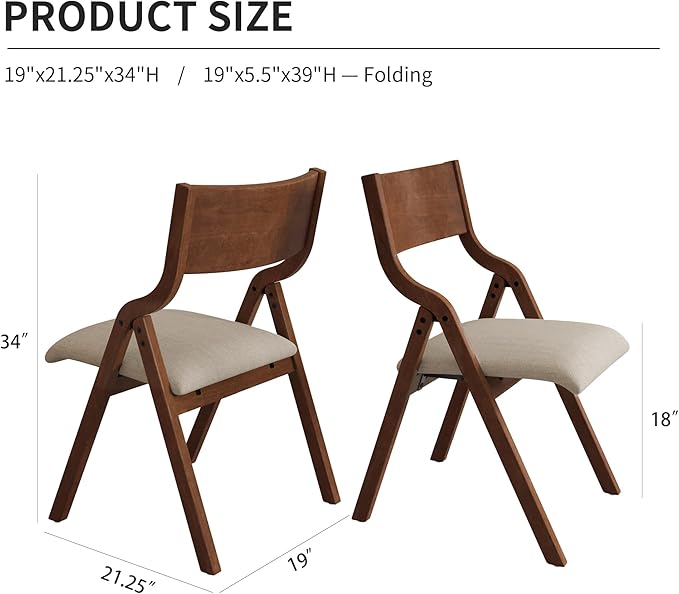 Ball & Cast Padded Folding Chairs 2 Pack,Solid Wood Frame,18" Seat Height,Space Saving,Easy to CarrySuitable for Dining Room, Bedroom and Outdoor