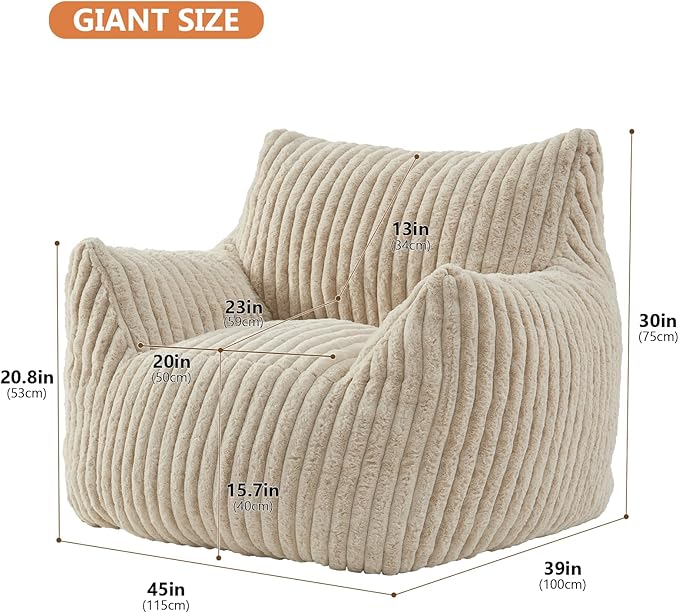 Giant Bean Bag Chairs for Adults with Filling Plush Fluffy Bean Bag Chairs for Teens with Armrests Comfy BeanBag Lazy Couch Sofa Chair for Bedroom Living Room Reading
