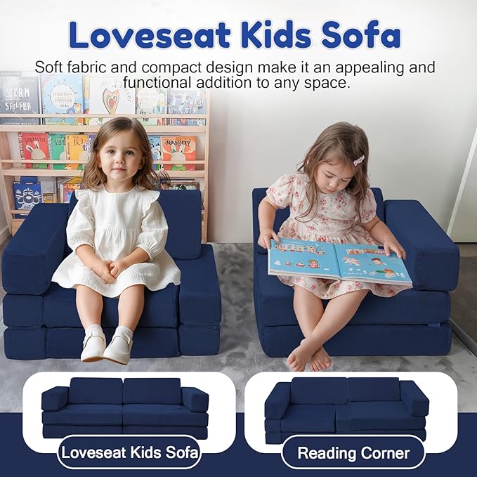MeMoreCool Kids Modular Play Couch – 10-Piece Navy Foam Sofa Set, Convertible Playroom Furniture | Fold-Out Toddler Bed | Safe, Washable & Imaginative Design