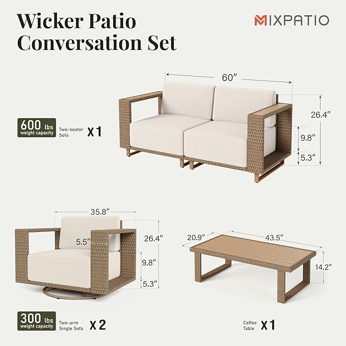 MIXPATIO Outdoor Patio Furniture Set, 5 Piece Outdoor Rattan Wicker Sofa Couch, Conversation Sets with 2 Swivel Sofa, 2 Armchairs and Coffee Table for Deck Backyard Lawn