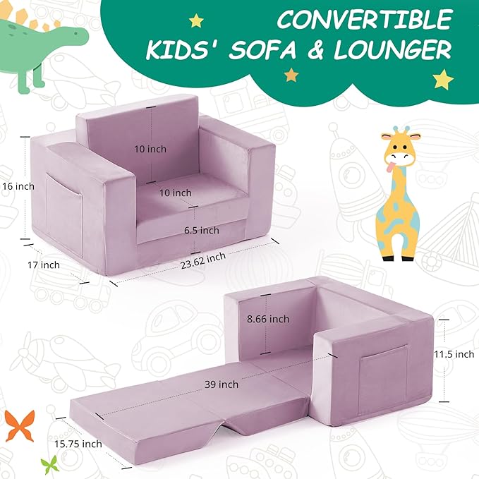 Kids Couch, 2-in-1 Toddler Chair Comfy 1-3 Years, Convertible Kids Chair, Toddler Couch That Fold Out, Kid Lounge Chairs for Boys and Girls, Soft Coral Fleece, Single, Purple