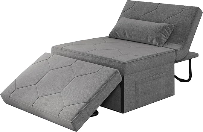 4 in 1 Sleeper Chair, Convertible Sleeper Sofa with Ottoman, Ottoman Bed for Adults, Sofa Bed with Adjustable Backrest for Living Room Apartment Office, Light Grey