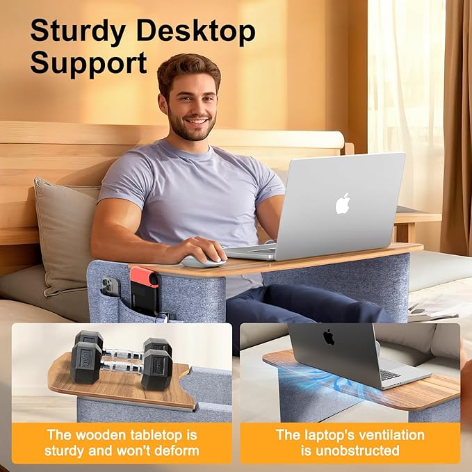 Lap Desk Pillow with Wooden Top, Large Reading Pillow for Bed, Laptop Desk for Couch, Gray