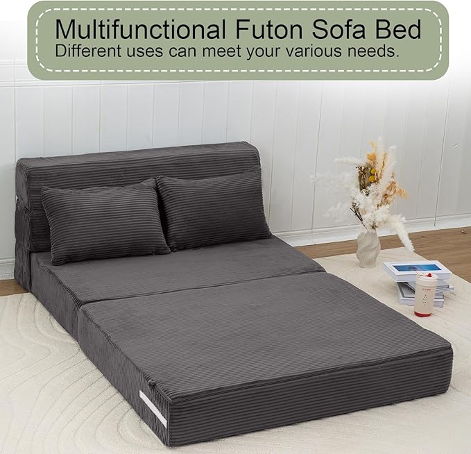 MeMoreCool Boneless Folding Sofa Bed – Corduroy 4-in-1 Convertible Chair, Fold-Out Futon Couch Bed for Living Room or Guest Use | Machine-Washable Covers | Comfy Foam Mattress