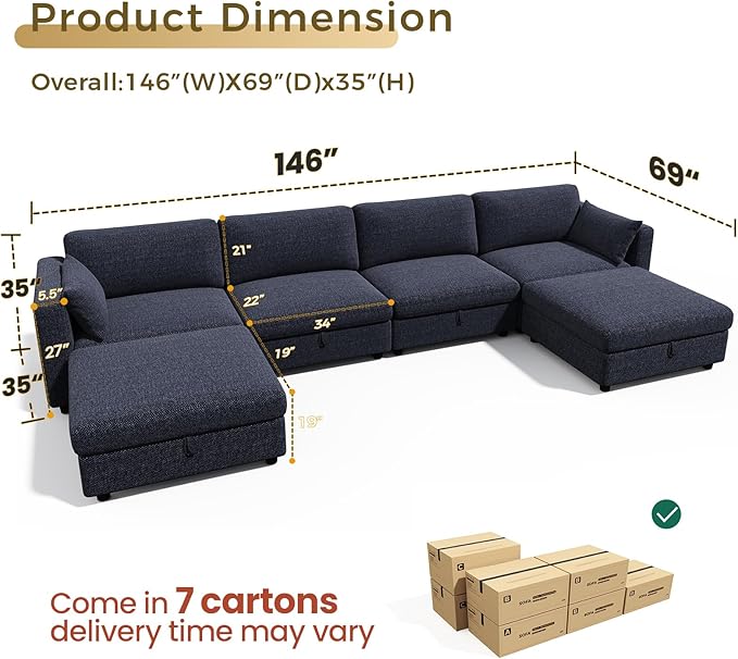 KKL Modular Sectional Sofa Couches for Living Room, U Shaped Sofa Couch with Adjustable Backrest, 4 Seater Sofa Couch with Convertible Ottoman and Comfy Cushion, Chenille, Blue