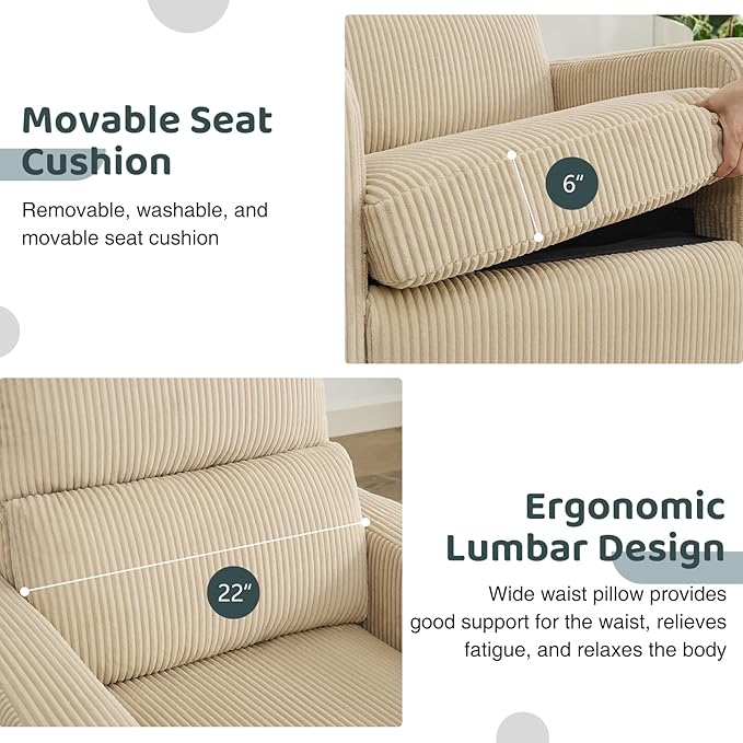 AEMEIOS Swivel Rocker Recliner, Oversized Power Recliner Nursery Glider with Removable Cushion, Upholstered Swivel Reclining Chairs for Nursery Living Room Bedroom, Corduroy Camel